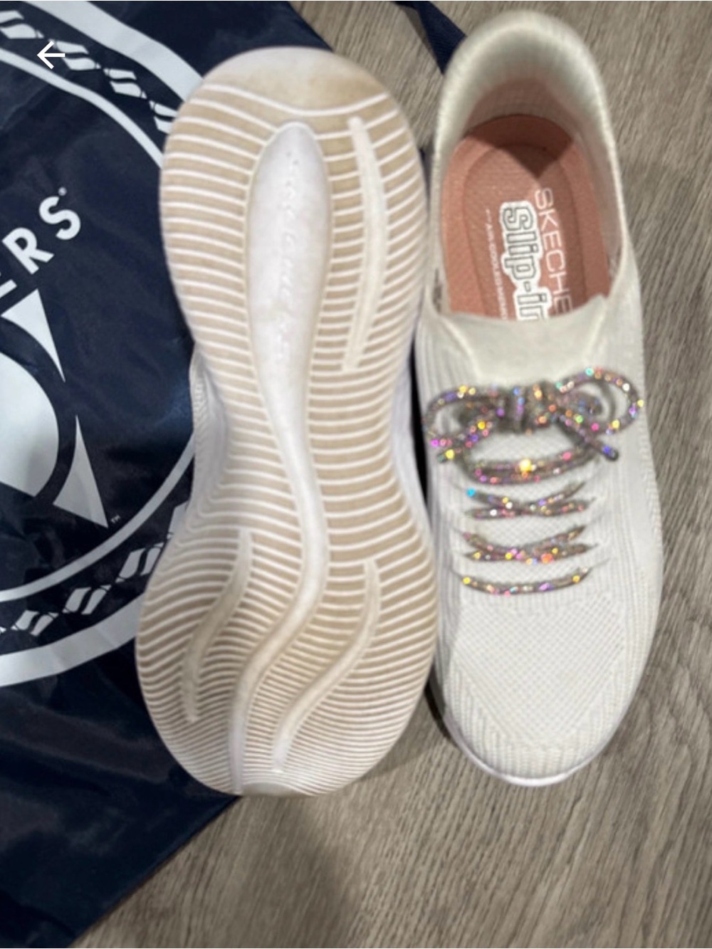 Skechers Women's Slip-On Knit Sneakers in White with Metallic Laces - Picture 5 of 5